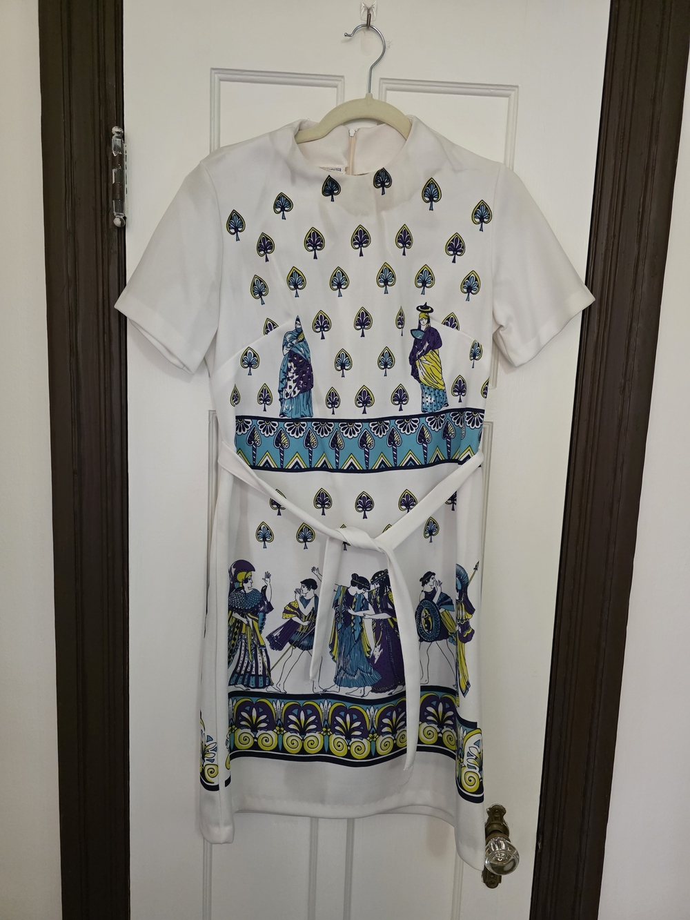 Vintage Greco-Roman Patterned Tie-Waist Dress